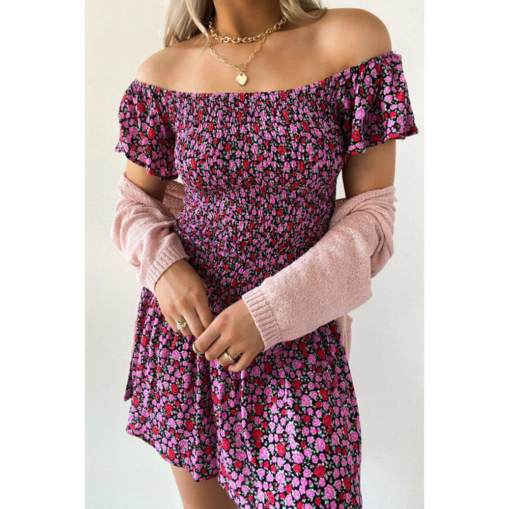 NWT - Pink Floral Print Smocked Off-the-Shoulder Dress